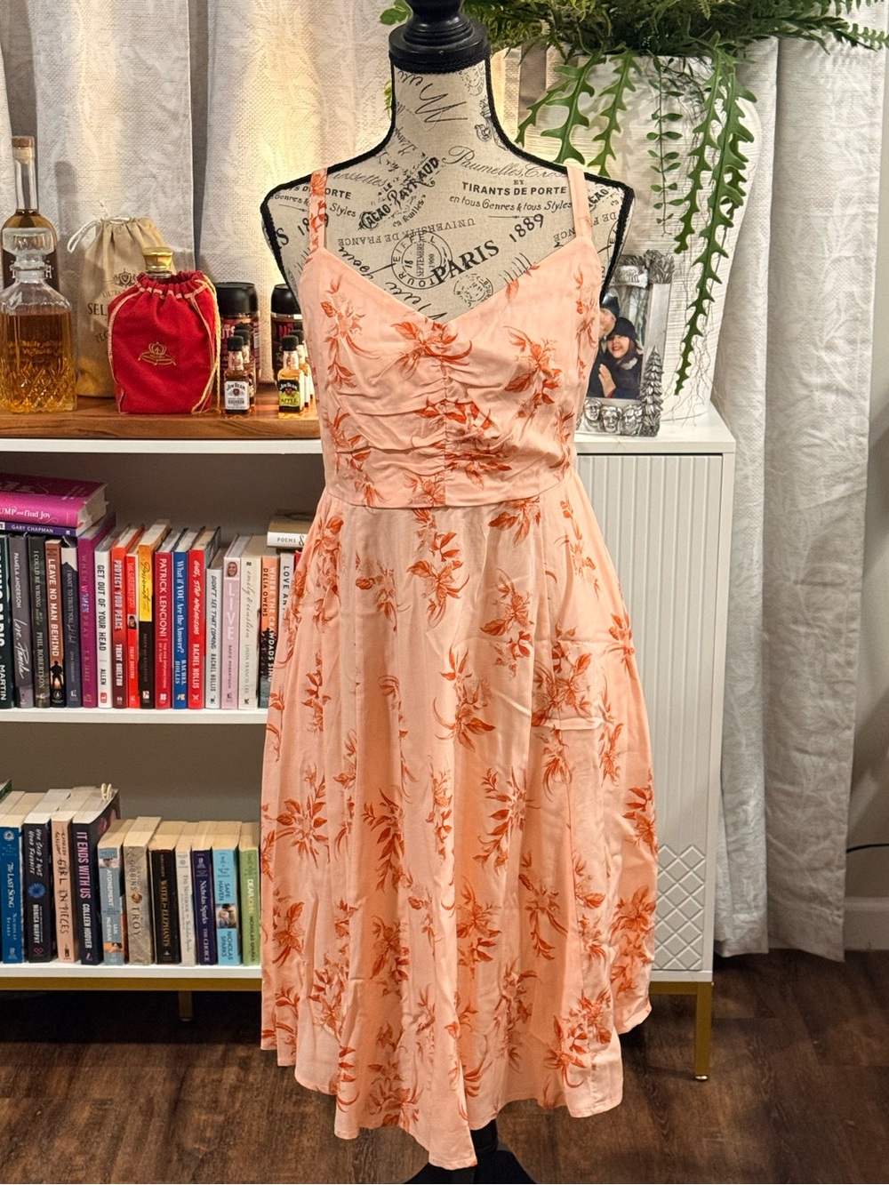 Peach Floral Spaghetti-Strap Midi Dress